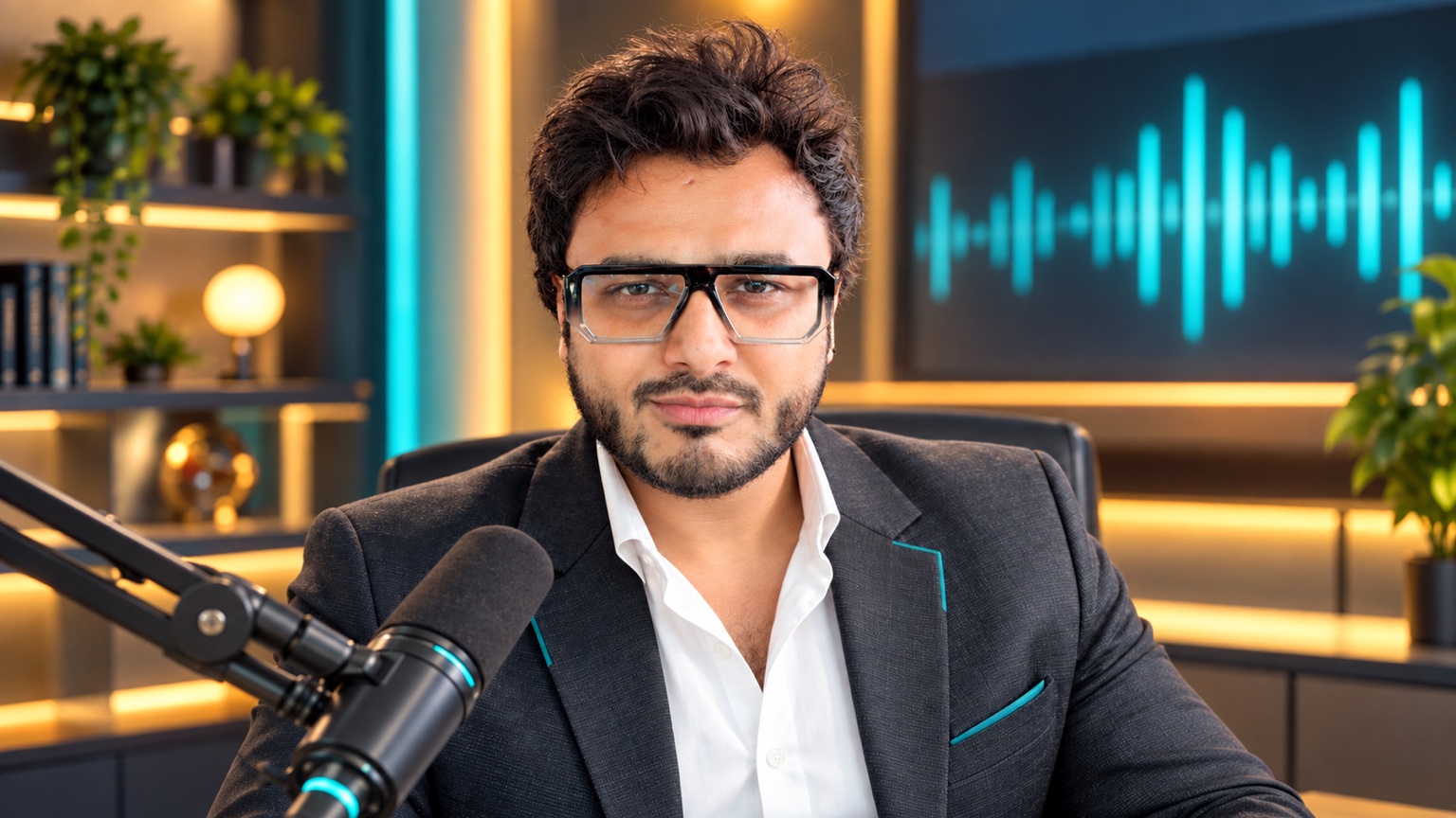 Vivek Ved Dwivedi in a professional studio with a broadcast microphone